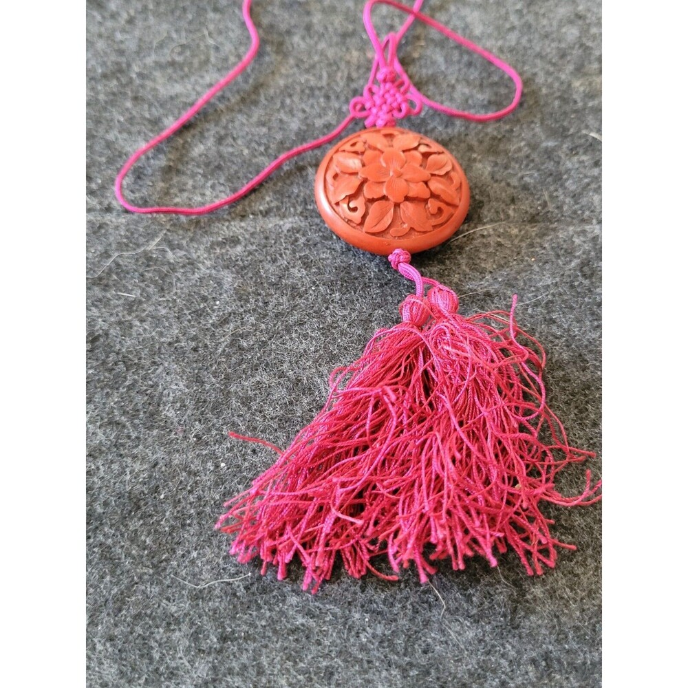 Vintage Chinese Red Cinnabar medallion & braided string Necklace Wedding Pendant